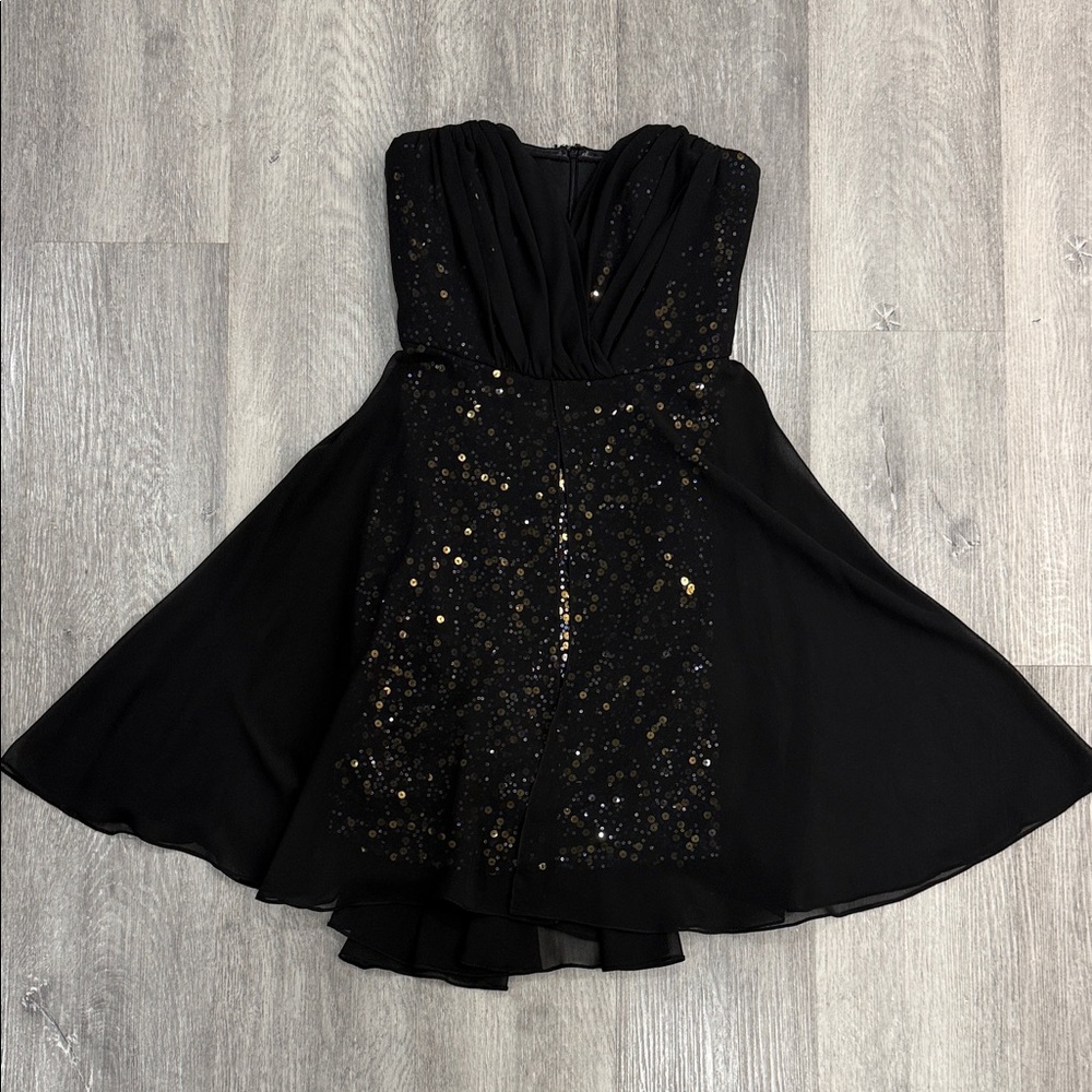 Badgley Mischka Black Dress with a Gold, Silver and Royal Blue Sequin Underlay